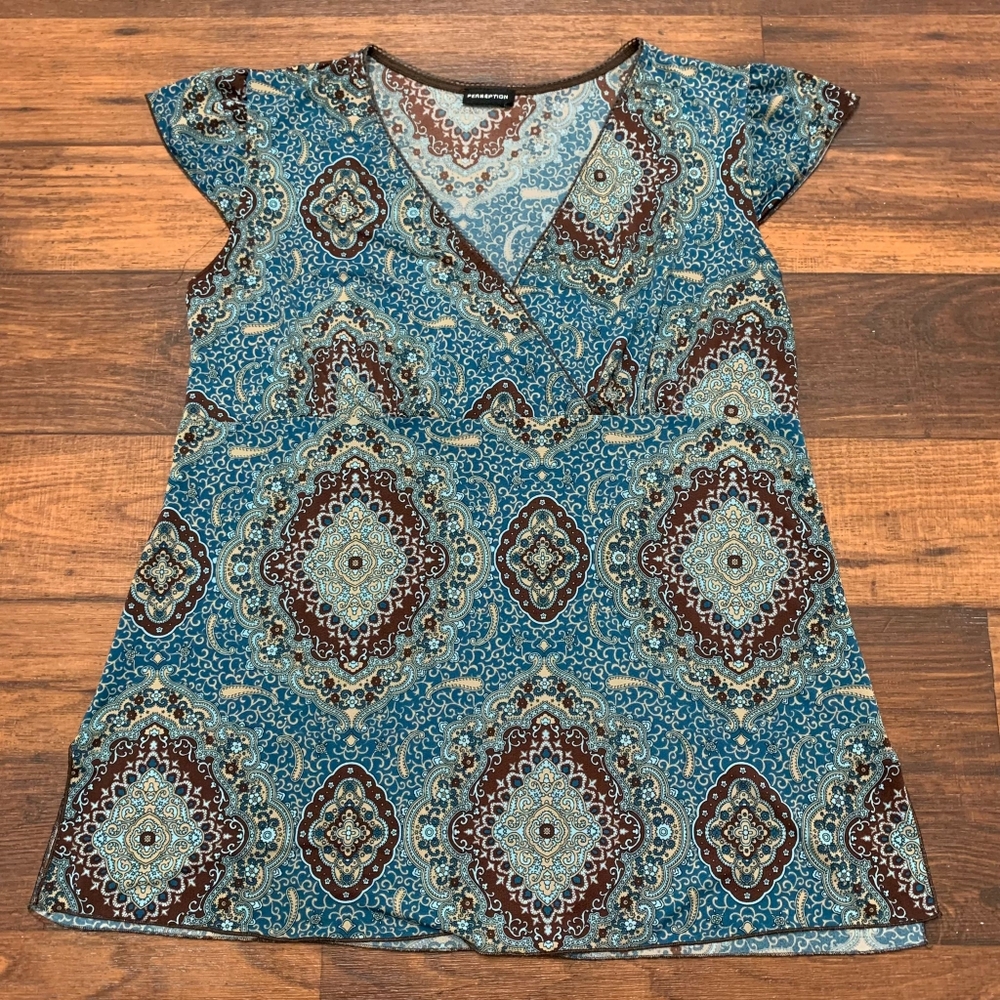 Women Top XL Paisley Blue Brown Blouse Stretch Lightweight -Perseption